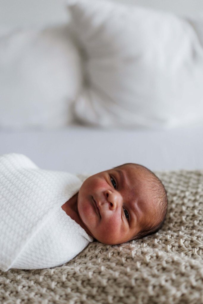 Newborn awake looking at camera in swaddle